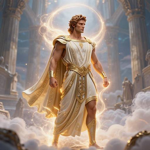 Digital art of a muscular, curly-haired man in a white and gold toga, surrounded by fire and clouds, standing in a grand, ancient temple