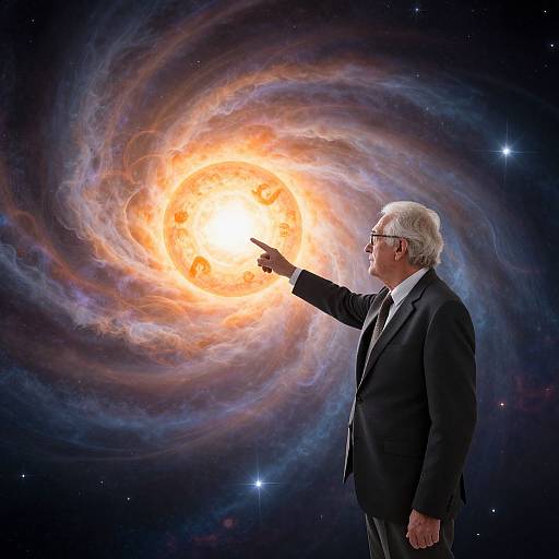 Photograph of an elderly white man in a black suit, pointing at a vibrant, glowing spiral galaxy against a starry space background.