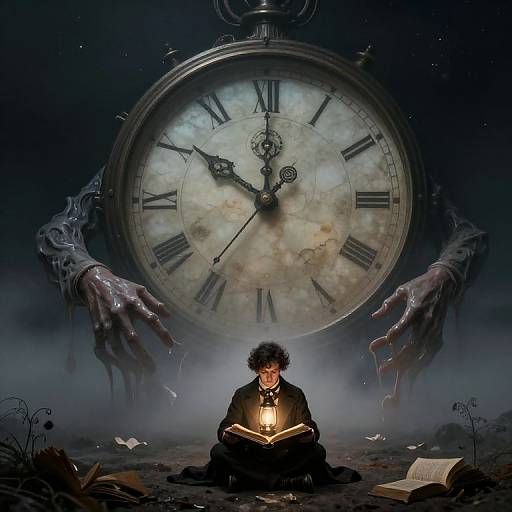 Digital art of a curly-haired man reading a glowing book beneath a giant, ghostly, clock with eerie, skeletal hands.