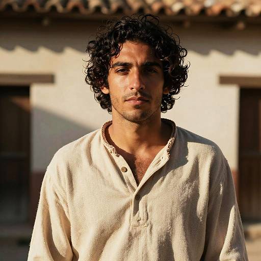 Photograph of a middle-aged man with curly black hair, brown eyes, and olive skin, wearing a beige, long-sleeved, button-up