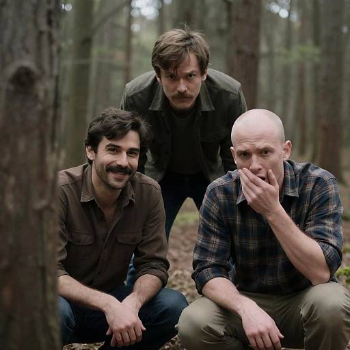 Three Men Crouching in a Forest