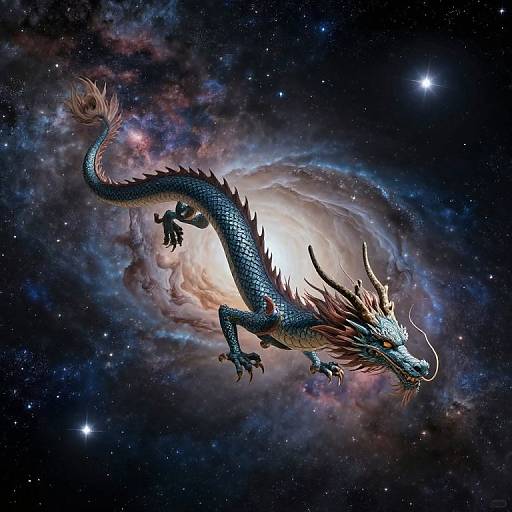 Digital artwork of a blue, serpentine dragon with spiky mane and horns, flying through a swirling, colorful galaxy with bright stars.