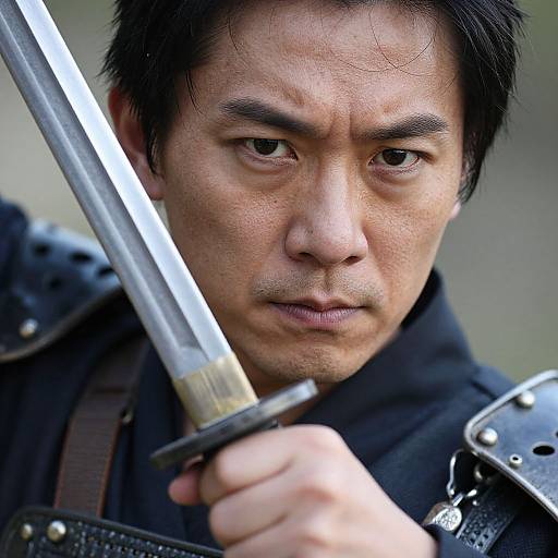 Close-up photograph of a serious Asian man with short black hair, holding a sword, wearing black armor and leather straps.
