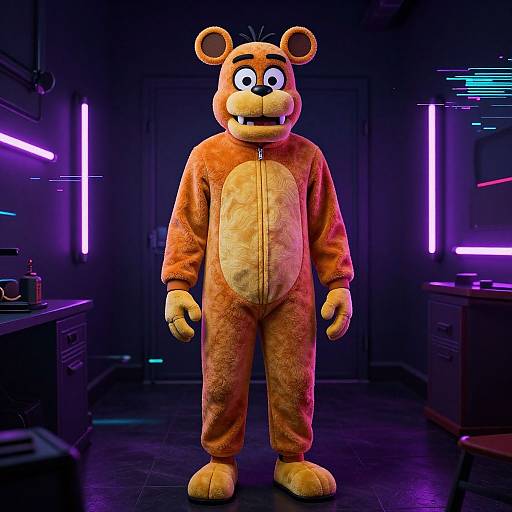 Photograph of a cartoon bear mascot in a worn, orange fuzzy onesie, standing in a dark, neon-lit room with purple and blue lights