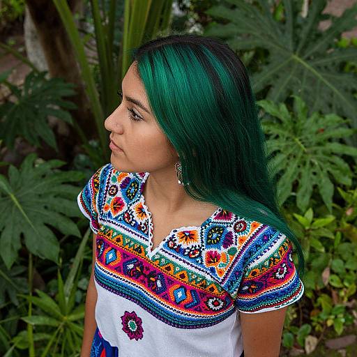 Photograph of a young woman with green-dyed hair, wearing a vibrant, embroidered, short-sleeve top, standing against a lush,