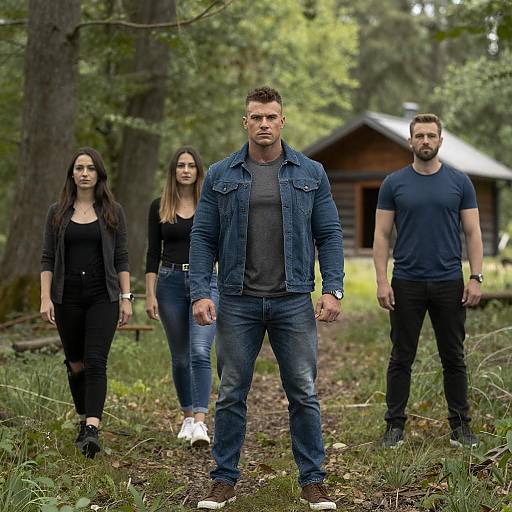 Photograph of four serious-looking adults in forest; central muscular man in denim jacket, flanked by two women and one man in black clothing, wooden