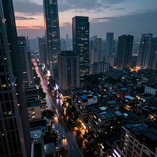 Photograph of a bustling urban skyline at dusk, showcasing tall skyscrapers with illuminated windows, busy streets with car lights, and a colorful sunset sky