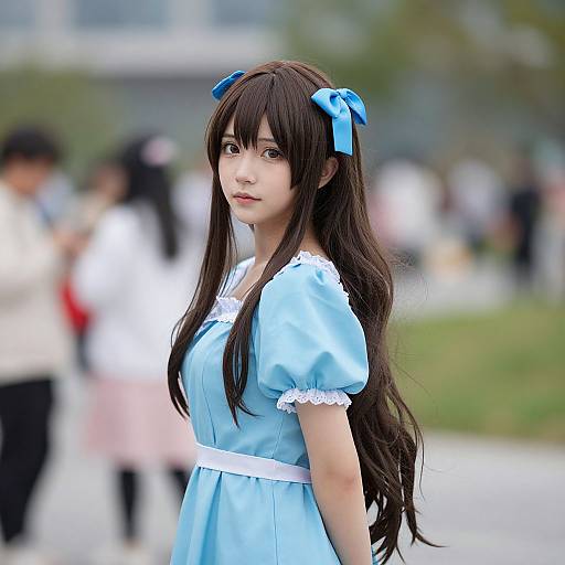 Photograph of an Asian woman with long brown hair, blue ribbon bows, wearing a light blue Alice in Wonderland-style dress, standing outdoors with a blurred