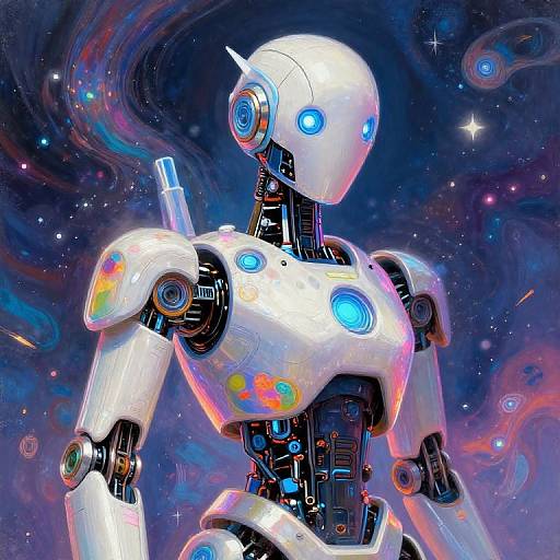 Digital artwork of a glowing, white robotic figure with blue eyes and colorful patterns, set against a vibrant, cosmic space background with swirling colors and stars.