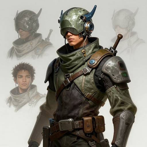 Digital artwork of a futuristic soldier with green armor, helmet with blue horns, and visor, surrounded by three faint, overlapping headshots.