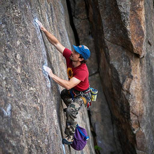 Climber in Red Shirt Among Rugged Rocks