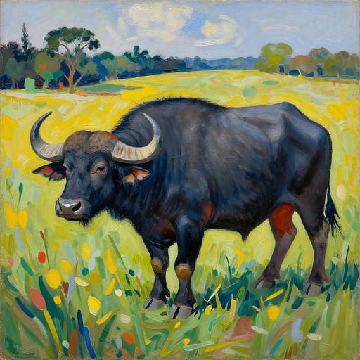 Oil painting of a black bull with large horns standing in a vibrant yellow and green meadow, under a blue sky with scattered clouds and distant trees.