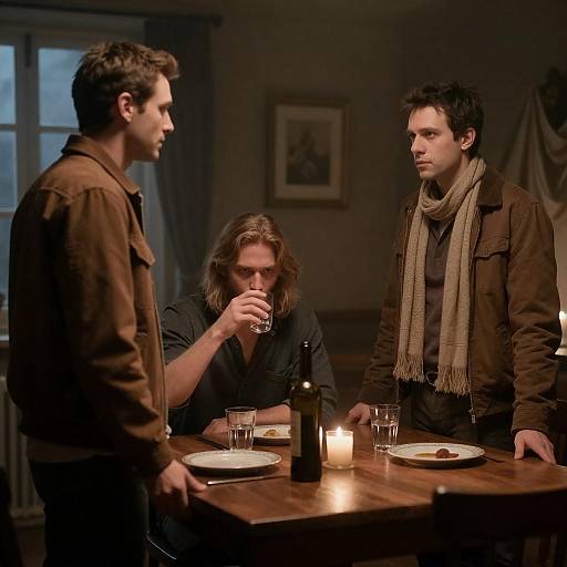 Men in a Dim Room with Intense Expressions