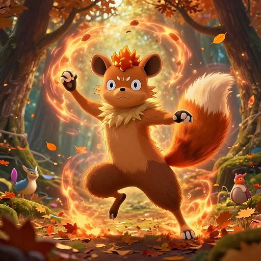 Digital artwork of a fiery, orange-furred, cartoon fox with a flame on its head, conjuring fire rings in a vibrant autumn forest with colorful