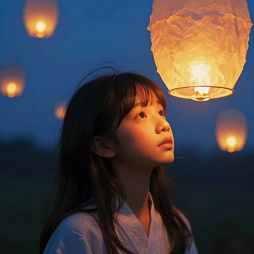 Photograph of an Asian girl with long black hair, wearing a white robe, gazing up at a glowing paper lantern against a twilight blue sky with