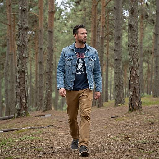 Photograph of a bearded man with dark hair, wearing a denim jacket, dark t-shirt, and beige pants, walking through a forest.