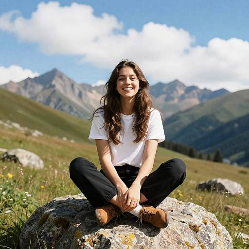 Smiling Woman Sitting on Rock in Mountain Meadow