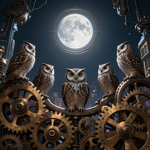 Photorealistic digital art of four owls with detailed feathers perched on intricately interlocked brass gears, under a bright full moon in a ste