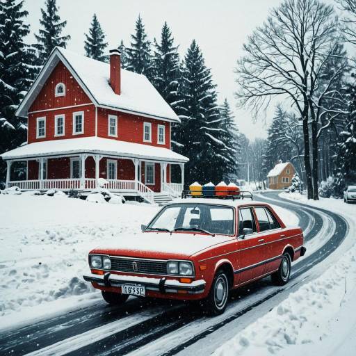 Red Vintage Car on Snowy Road with Mittens