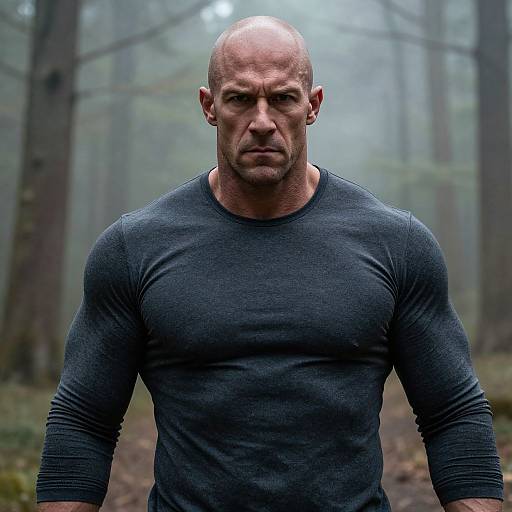 Photograph of a bald, muscular man with a stern expression, wearing a tight, dark gray long-sleeve shirt, standing in a misty