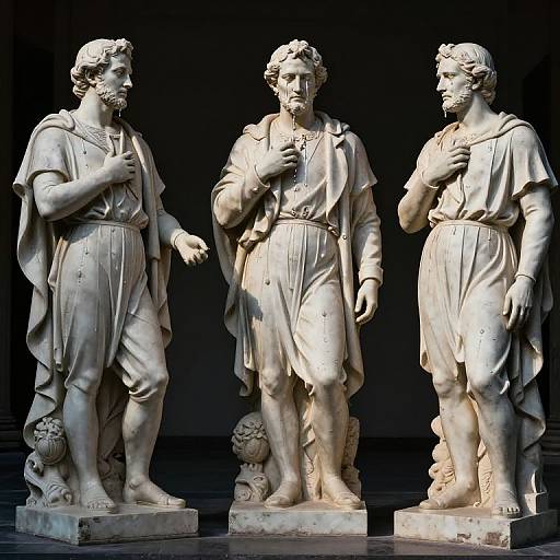 Photograph of three classical marble statues of bearded men in draped togas, standing in a darkened gallery, illuminated from the front. Each holds