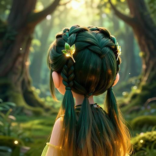 Digital painting of a girl with intricate green braided hair, adorned with leaves, facing a sunlit enchanted forest.