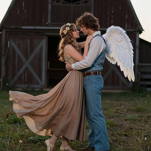 Photograph of a romantic couple in an outdoor setting: she wears a flowing beige dress and flower crown, he has angel wings, blue jeans, and