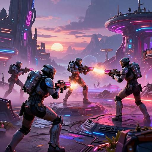 CGI sci-fi battle scene: four armored soldiers with glowing neon weapons firing in a futuristic cityscape at sunset, neon lights illuminating the smoky
