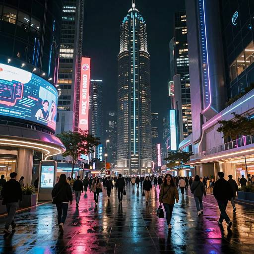 Nighttime photograph of a bustling urban street in a neon-lit city, with reflections on wet pavement, tall illuminated skyscrapers, and people walking