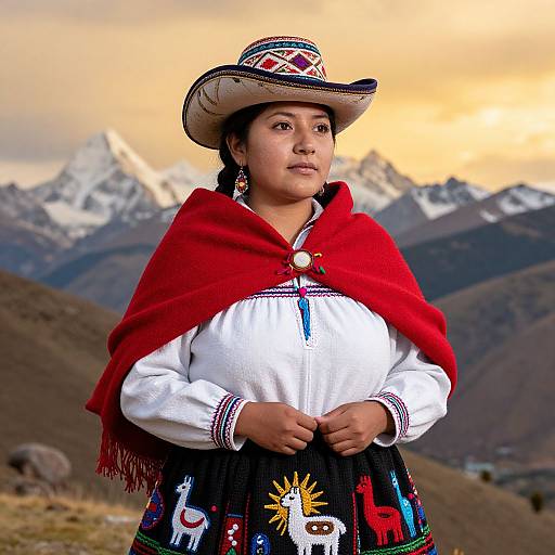 Photograph of a young Indigenous woman with medium brown skin, wearing a red cloak, white blouse, and colorful skirt, standing against a snowy mountain backdrop
