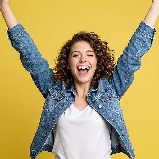 Photograph of a joyful, curly-haired woman with fair skin, wearing a blue denim jacket over a white t-shirt, arms raised, smiling widely against