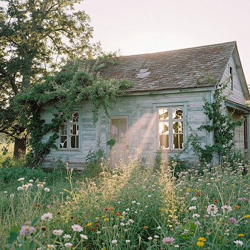 Photograph of an old, weathered, white wooden house with vines, surrounded by a sunlit, wildflower-filled meadow, with sunlight streaming