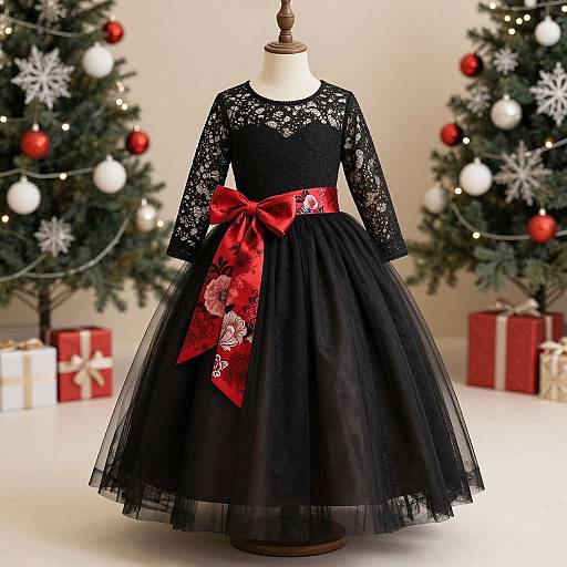 Photograph of a black lace long-sleeve dress with a voluminous tulle skirt, red satin ribbon, displayed on a mannequin;