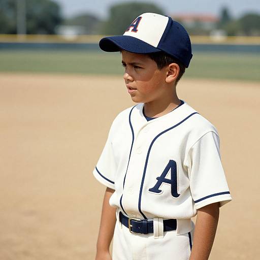 Photograph of a young boy in a white baseball uniform with black trim and a navy cap, standing on a sunny baseball field.