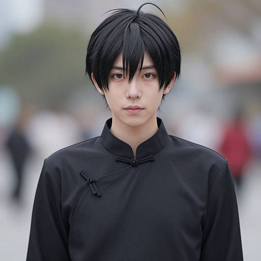 Photograph of a young Asian man with black hair, wearing a black traditional Chinese button-up shirt, standing in a blurred urban background.