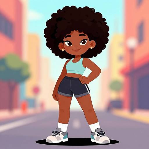 Digital cartoon of a confident, dark-skinned girl with curly black hair, wearing a light blue tank top, navy shorts, white socks, and white