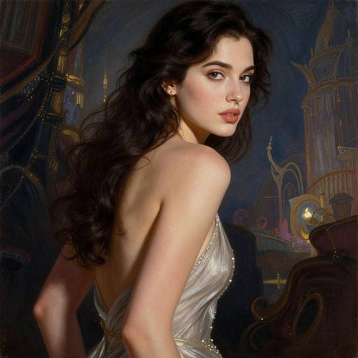 Digital painting of a fair-skinned woman with long, wavy dark hair, wearing a backless, shimmering silver dress, looking over her shoulder
