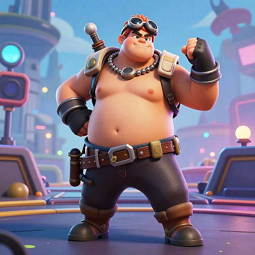 CGI image of a muscular, shirtless, overweight man with goggles, beard, black pants, and gear, flexing in a futuristic city.