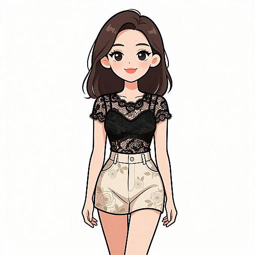 Digital anime-style drawing of a smiling young woman with straight brown hair, wearing a black lace top and white floral shorts.