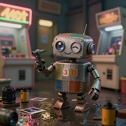 Patchwork Maintenance Bot in Rainy Arcade