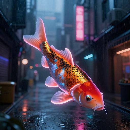 Neon Koi in Rain-Drenched Cyberpunk Alley