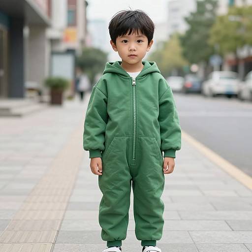 Photograph of an Asian boy with black hair, wearing a green hooded onesie, standing on a city sidewalk with blurred urban background.
