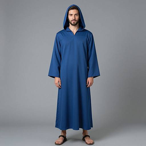 Photograph of a bearded man with dark hair, wearing a loose, deep blue hooded robe and black sandals, standing against a plain gray background