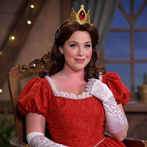 Photograph of a fair-skinned woman with brown hair, wearing a gold crown, red lace dress with white puffed sleeves, and white gloves,
