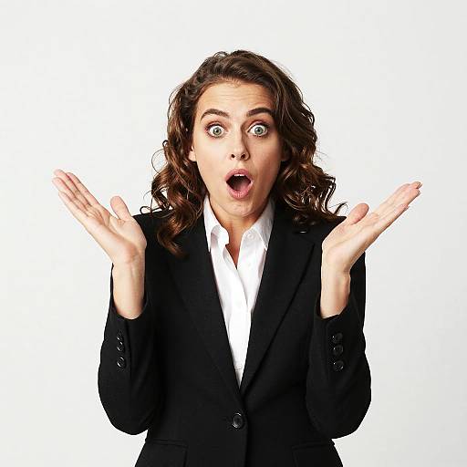 Photograph of a surprised woman with wide green eyes, open mouth, and raised hands, wearing a black blazer and white shirt, against a white