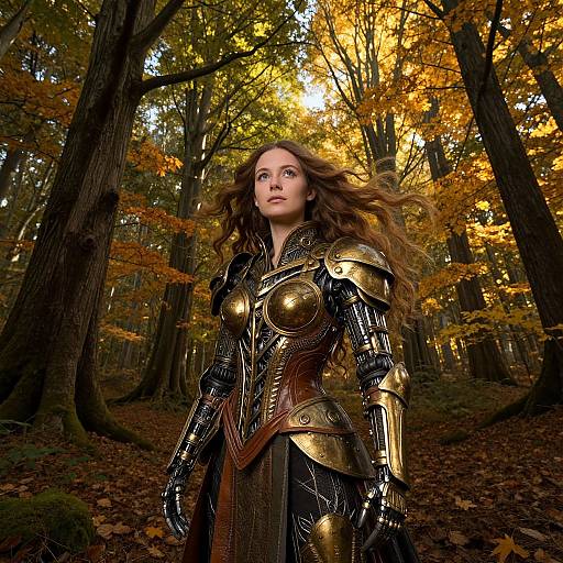Photograph of a fair-skinned, brown-haired woman in golden and black medieval armor standing in an autumn forest with vibrant orange leaves.