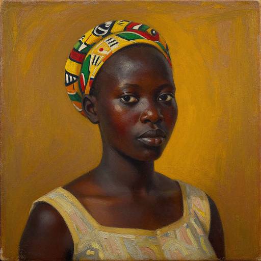 Photorealistic painting of a dark-skinned African woman with a colorful headwrap, yellow and beige dress, against a golden background.