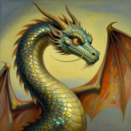 Digital painting of a vibrant, metallic-green dragon with orange and yellow scales, sharp horns, and red-orange wings, set against a soft, yellowish