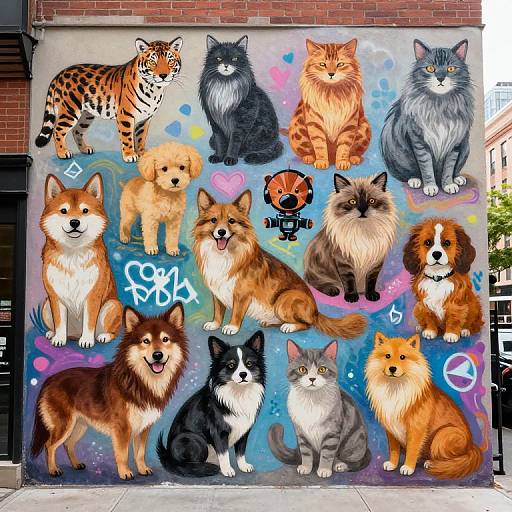 Vibrant mural of twelve diverse dogs, including a tiger and a camera-dressed one, on a brick wall with colorful, playful background.