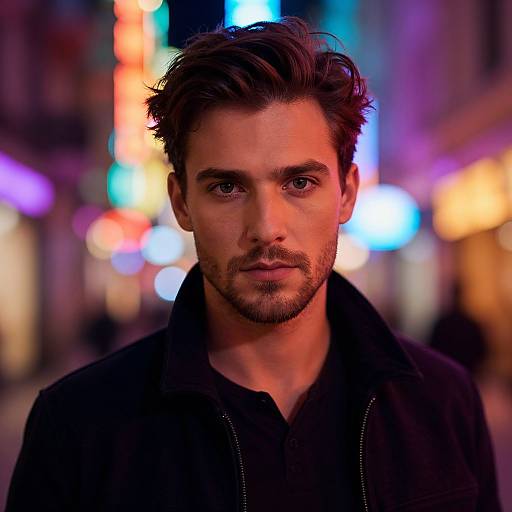 Photograph of a serious, handsome man with short, dark hair and stubble, wearing a black jacket, standing in a neon-lit urban street